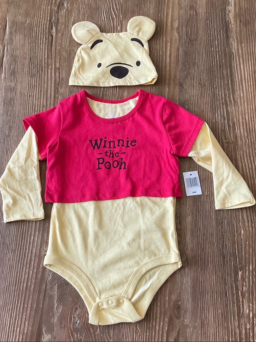 Disney Parks Winnie the Pooh Red and Yellow Layered-Look Baby One-Piece with Hat